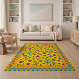 Vibrant Yellow Pink Floral Rug with Ornate Border