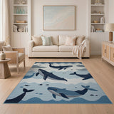 ODIKA Washable Nautical Whale Area Rug - Blue Coastal Low Pile Non-Slip Carpet