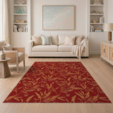 Golden Foliage Bird Crimson Red Area Rug