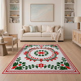Festive Holly Poinsettia Red Green Area Rug