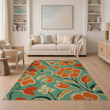 Vibrant Orange Blooms Teal Floral Area Rug