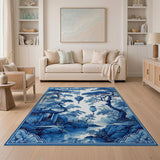 ODIKA Blue and White Chinoiserie Washable Area Rug - Oriental Landscape Low Pile Non-Slip Rug