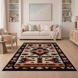 Washable Southwestern Tribal Area Rug, Terracotta & Black Geometric, Low Pile Non-Slip