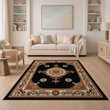 Ornate Black Persian Area Rug with Gold Floral Border