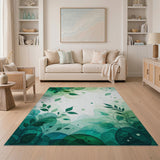 ODIKA Botanical Green Watercolor Leaf Washable Rug - Low Pile Non-Slip Area Rug