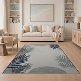 Navy Palm Leaf Grey Circle Coastal Rug