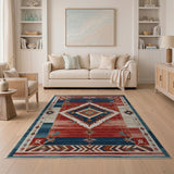 Southwestern Red Blue Geometric Diamond Rug