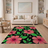 Vibrant Pink Hibiscus Floral Area Rug on Black