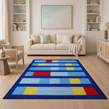 Navy Framed Vibrant Geometric Block Rug