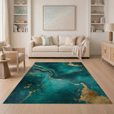 Teal Gold Marble Swirl Abstract Area Rug