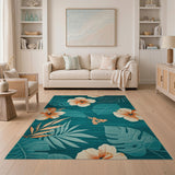 Teal Hibiscus Monstera Leaf Area Rug