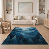 Serene Layered Blue Mountains Forest Rug
