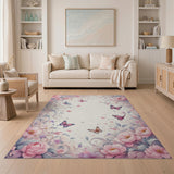 Washable Whimsical Pastel Floral Butterfly Low Pile Area Rug