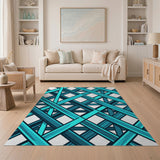 Teal Blue Crosshatch Geometric Area Rug
