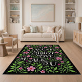 Pink Floral Script Area Rug on Black