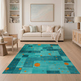 Teal Geometric Area Rug with Orange Circles