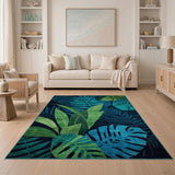 Blue and Teal Teal Monstera Leaf Area Rug