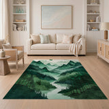 Washable Watercolor Green Mountain Forest Area Rug - Low Pile, Non-Slip & Pet Friendly