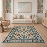 Cream Blue Teal Geometric Heritage Tribal Rug