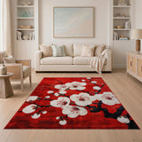 Red Plum Blossom Area Rug with Geometric Lattice