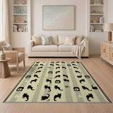 Beige and Neutral Whimsical Black Cat Silhouettes Area Rug