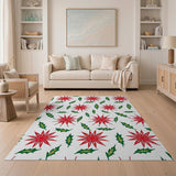 Festive Red Poinsettia Holly Leaf Area Rug