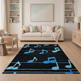 Blue Music Notes on Black Area Rug
