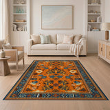 Vibrant Orange Persian Area Rug with Blue Motifs