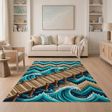 Teal Ocean Pier Crashing Waves Area Rug
