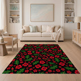 Red Holly Floral Pattern Area Rug
