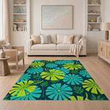 Teal Daisies Yellow Leaves Navy Floral Area Rug