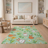 Whimsical Bunny Meadow Green Area Rug