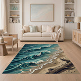 Blue and Teal Teal Ocean Waves Crashing on Sandy Beach Rug