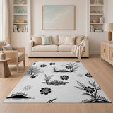 Delicate Black White Floral Line Art Area Rug