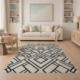 Black Line Geometric Lattice Beige Area Rug