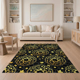 Gold Floral Swirl on Black Leopard Area Rug