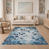 Navy Blue Leaf Branches Distressed Area Rug