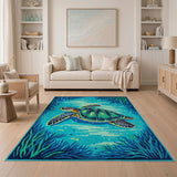 Sea Turtle Teal Blue Coastal Area Rug