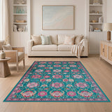 Teal Pink Persian Floral Area Rug