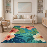 Blue Teal Hibiscus Floral Washable Area Rug