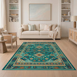 Blue and Teal Geometric Heritage Tribal Area Rug