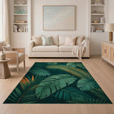 Washable Tropical Botanical Palm Leaf Area Rug - Dark Green Low Pile