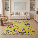 Vintage Yellow Floral Rug with Pink Blossoms