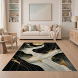 Modern Abstract Black & Gold Marble Washable Area Rug