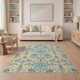 ODIKA Art Nouveau Washable Rug - Blue and Yellow Floral Low Pile Non-Slip Area Rug