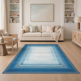 Blue Geometric Border Washable Area Rug