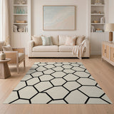 ODIKA Washable Geometric Hexagon Area Rug - Modern Cream & Black Low Pile Non-Slip Rug