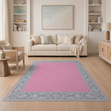Ornate Pink Area Rug with Silver Floral Border