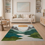 Geometric Sunset Mountains and River Area Rug