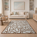 Abstract Wavy Brown Lines on Beige Area Rug
